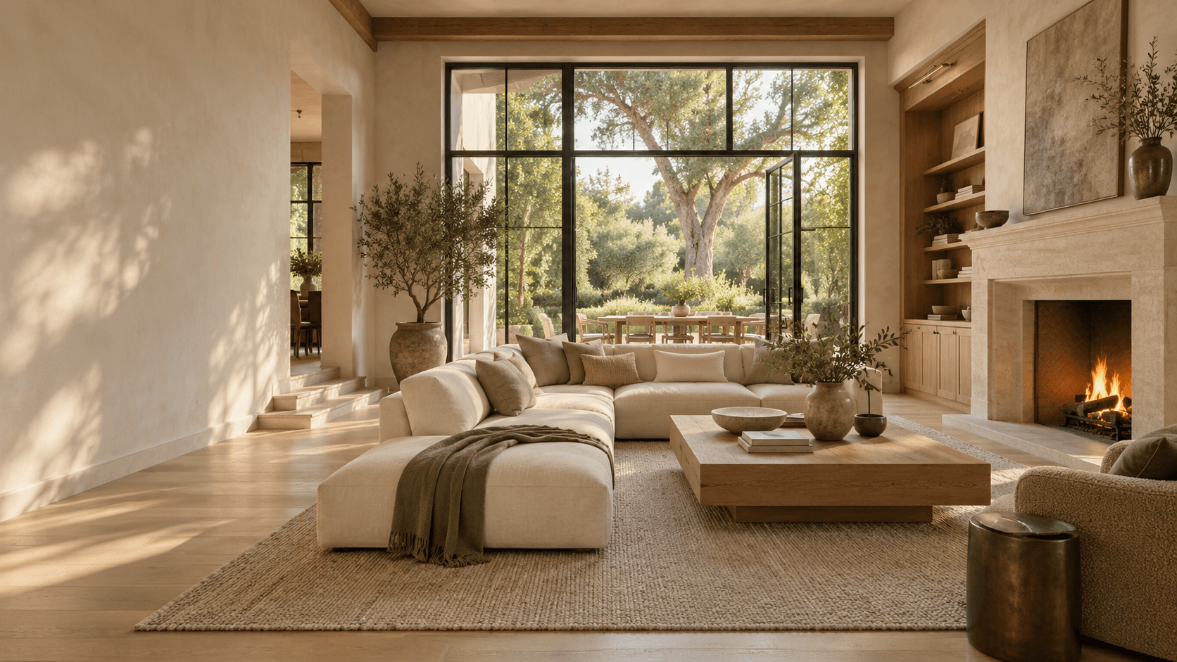 Design concept: a sunlit living room with oak beams, a stone fireplace and garden doors