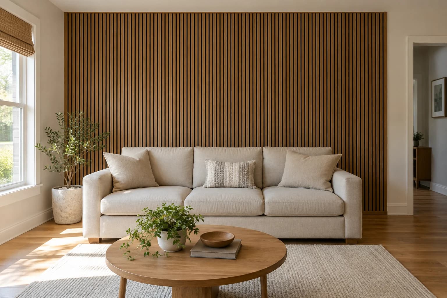 AI design concept: Living Room Slat Feature Wall — main view