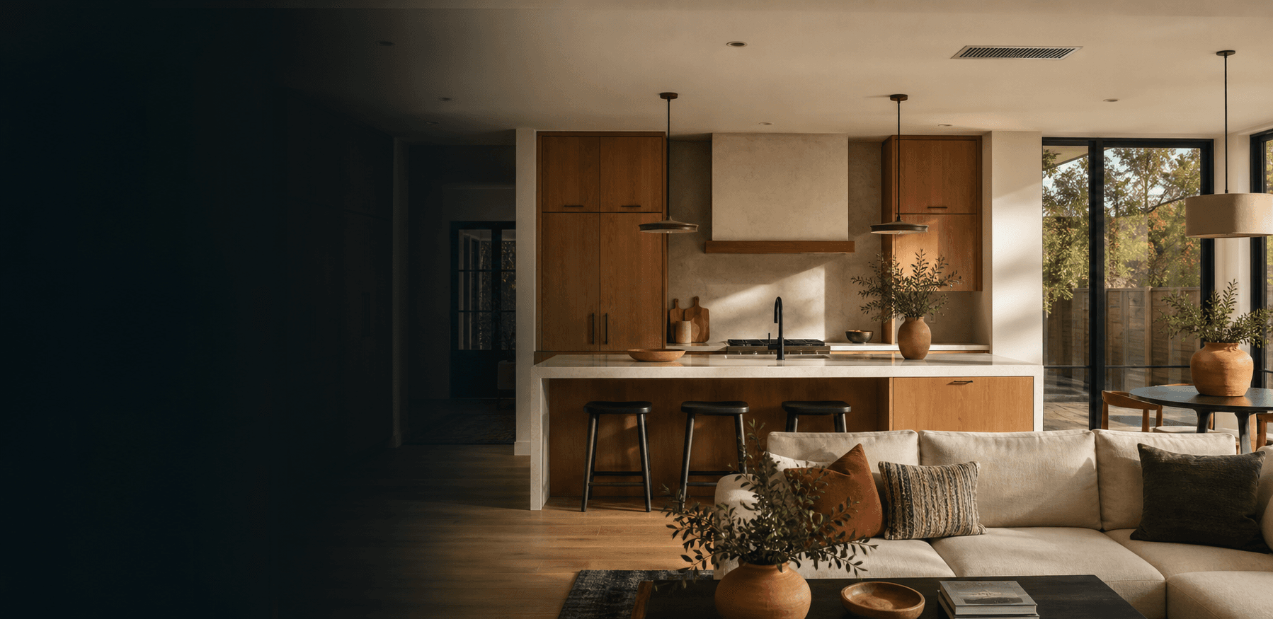 Open kitchen and living room remodeling concept.