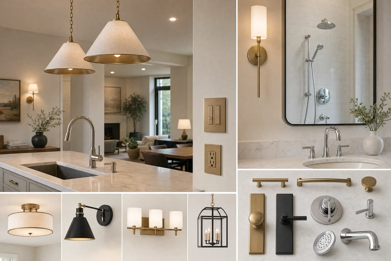 Lighting and fixture layer concept with pendants, sconces, shower trim, sink fixtures, cabinet hardware, door hardware, and coordinated finishes.