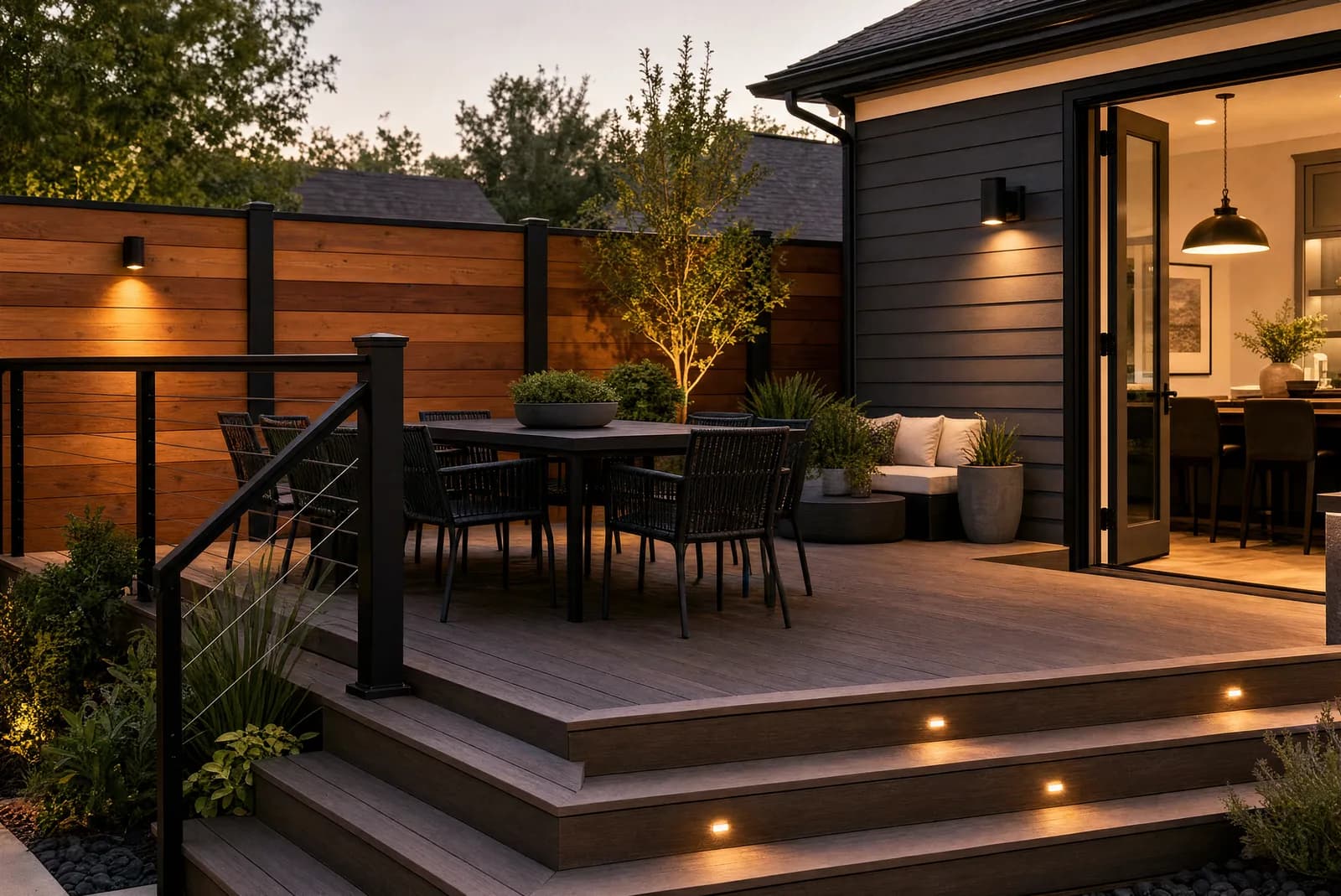 Outdoor living and fence concept with cedar privacy screen, composite deck, black rail, exterior lighting, and patio furniture.