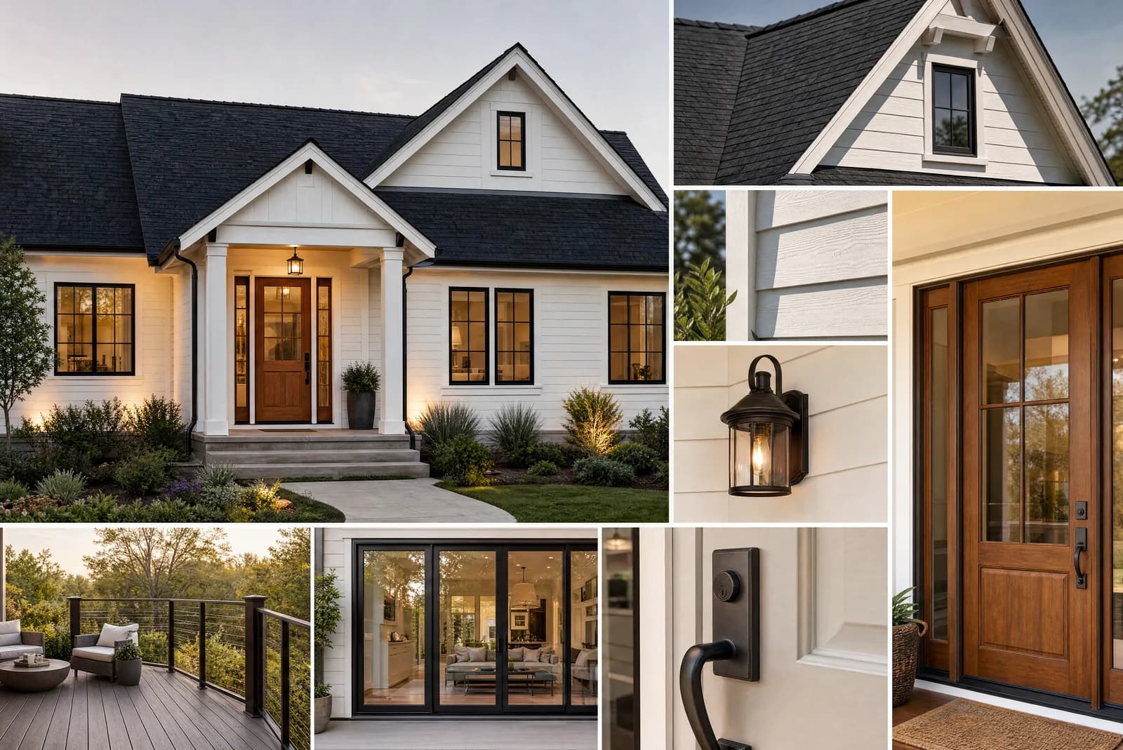 Roof and siding storm envelope concept with white siding, charcoal roof, black windows, warm entry lighting, and exterior detail samples.