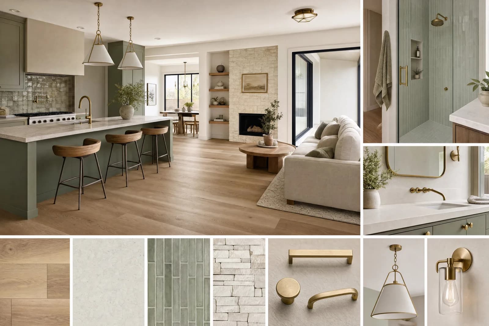 Surface and color refresh concept with flooring, paint, tile, counters, hardware, lighting, and soft neutral material samples.