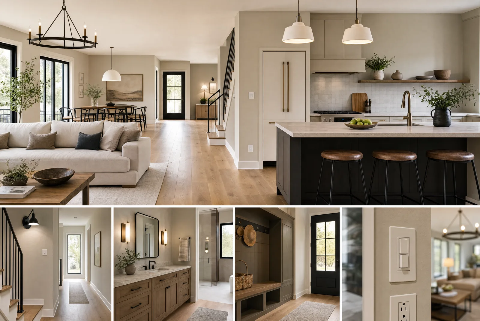 Whole-home remodel planning concept with kitchen, living, bath, lighting, device, and finish selections shown as a cohesive board.