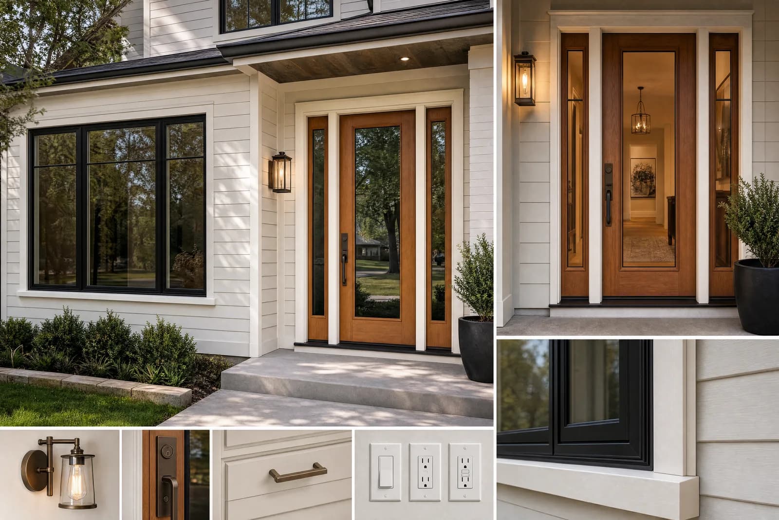 Window and door envelope concept with black window frames, warm entry doors, exterior trim, sconces, and hardware selections.