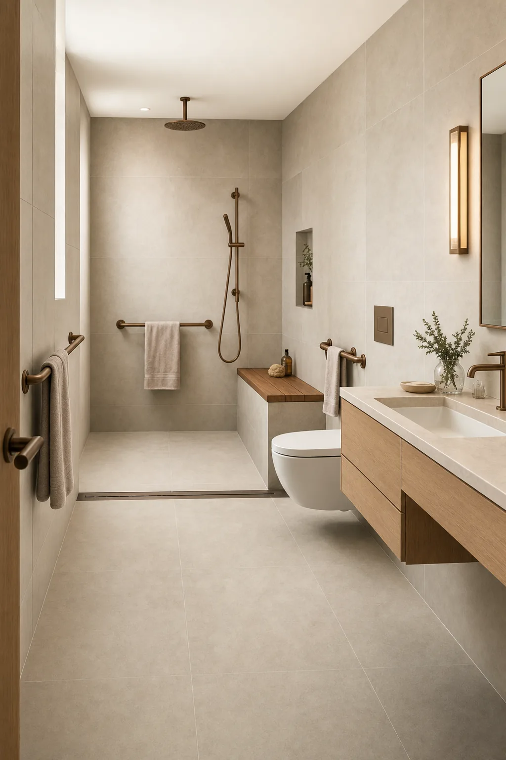 Concept visual: Curbless aging-in-place bath with an integrated bench and grab-rail blocking.