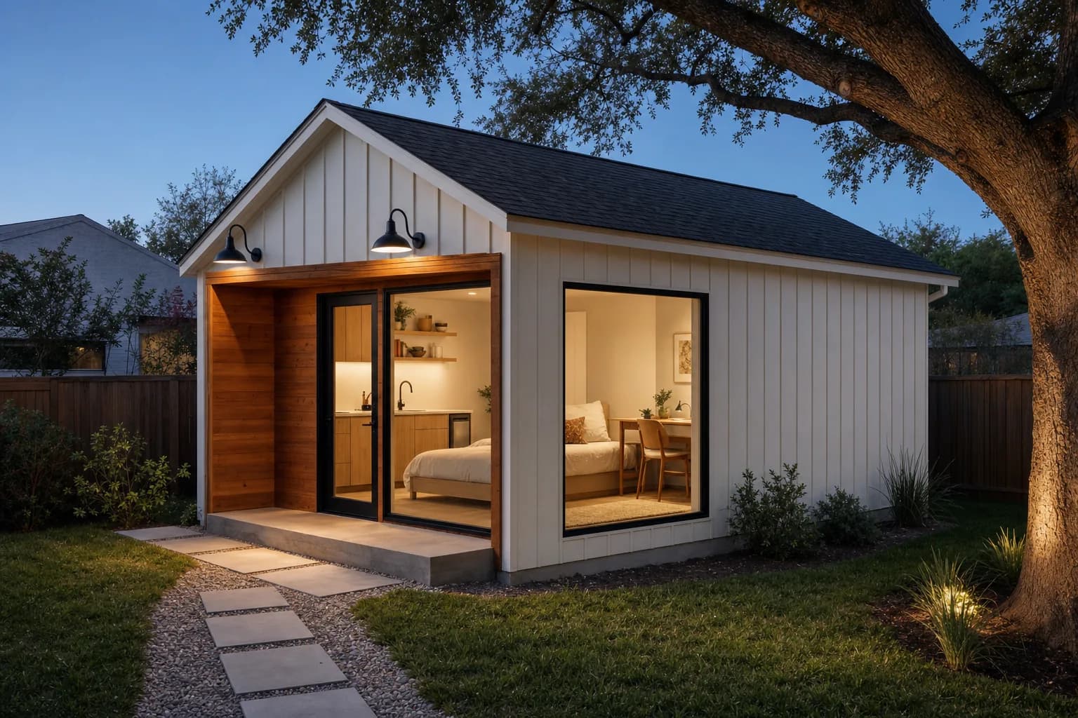 Concept visual: Board-and-batten backyard ADU studio with a glass-front entry.