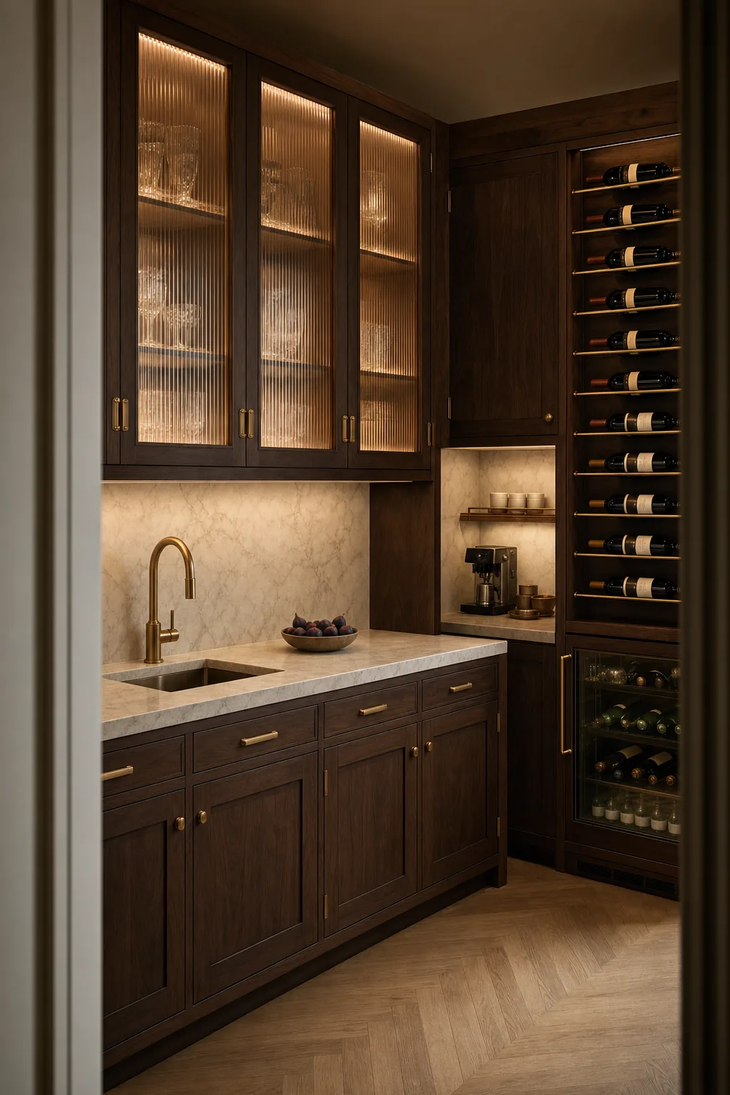 Concept visual: Tailored butler's pantry with a wine wall, coffee niche, and fluted glass.