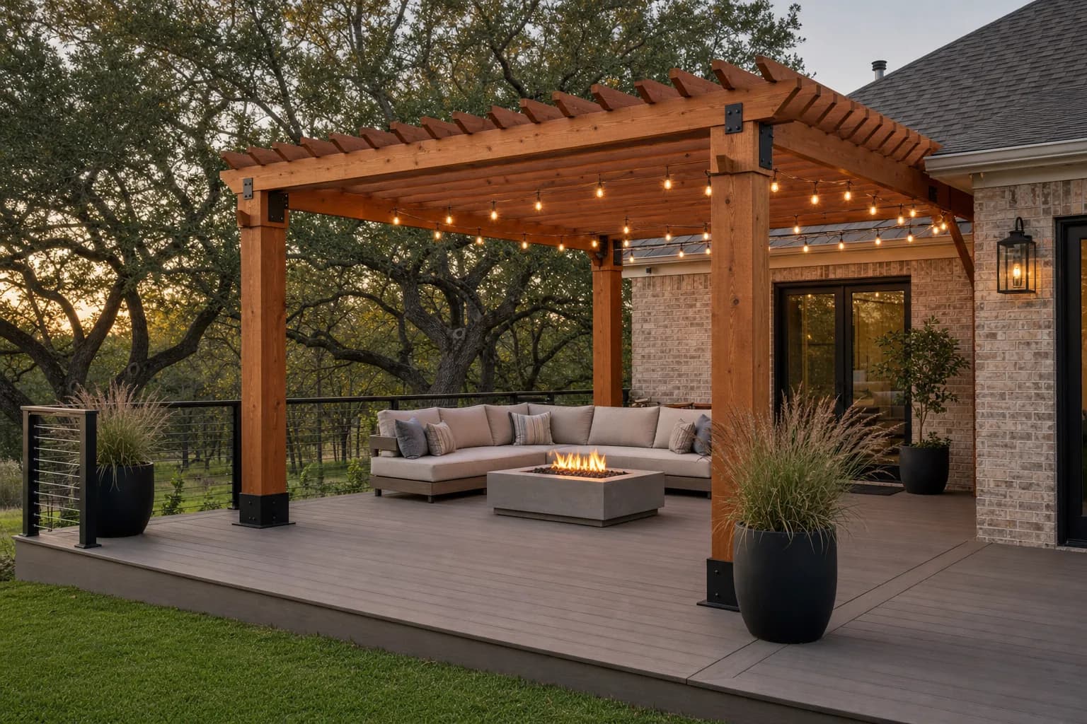 Concept visual: Warm cedar deck and pergola strung with lights for backyard evenings.