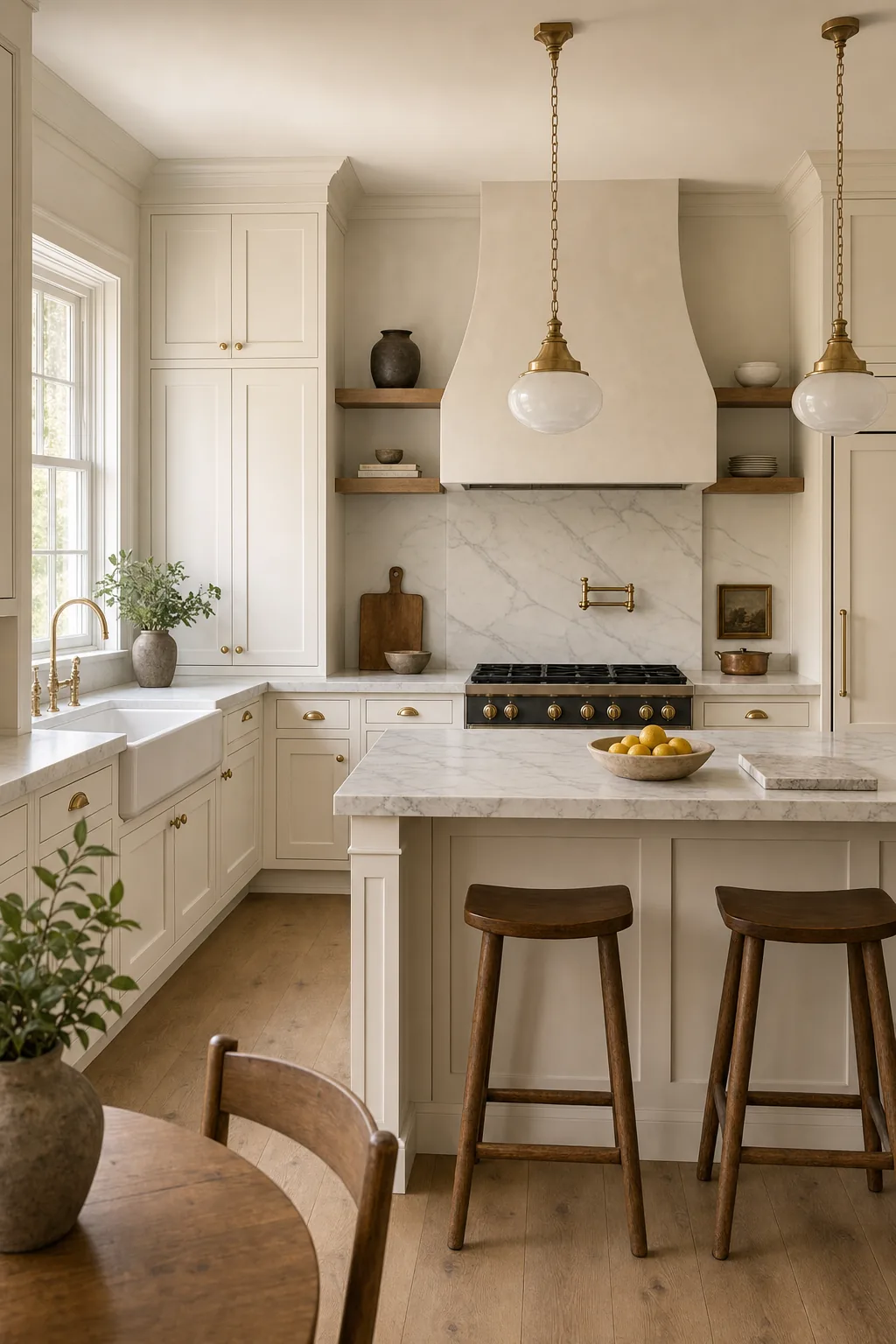 Concept visual: Warm white shaker cabinetry, marble-look quartz, and satin brass in a timeless kitchen.