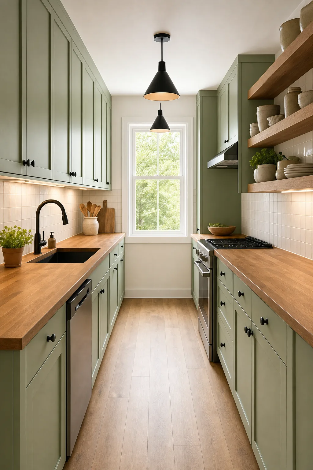 Concept visual: Budget-smart galley refresh with open oak shelves and butcher block.