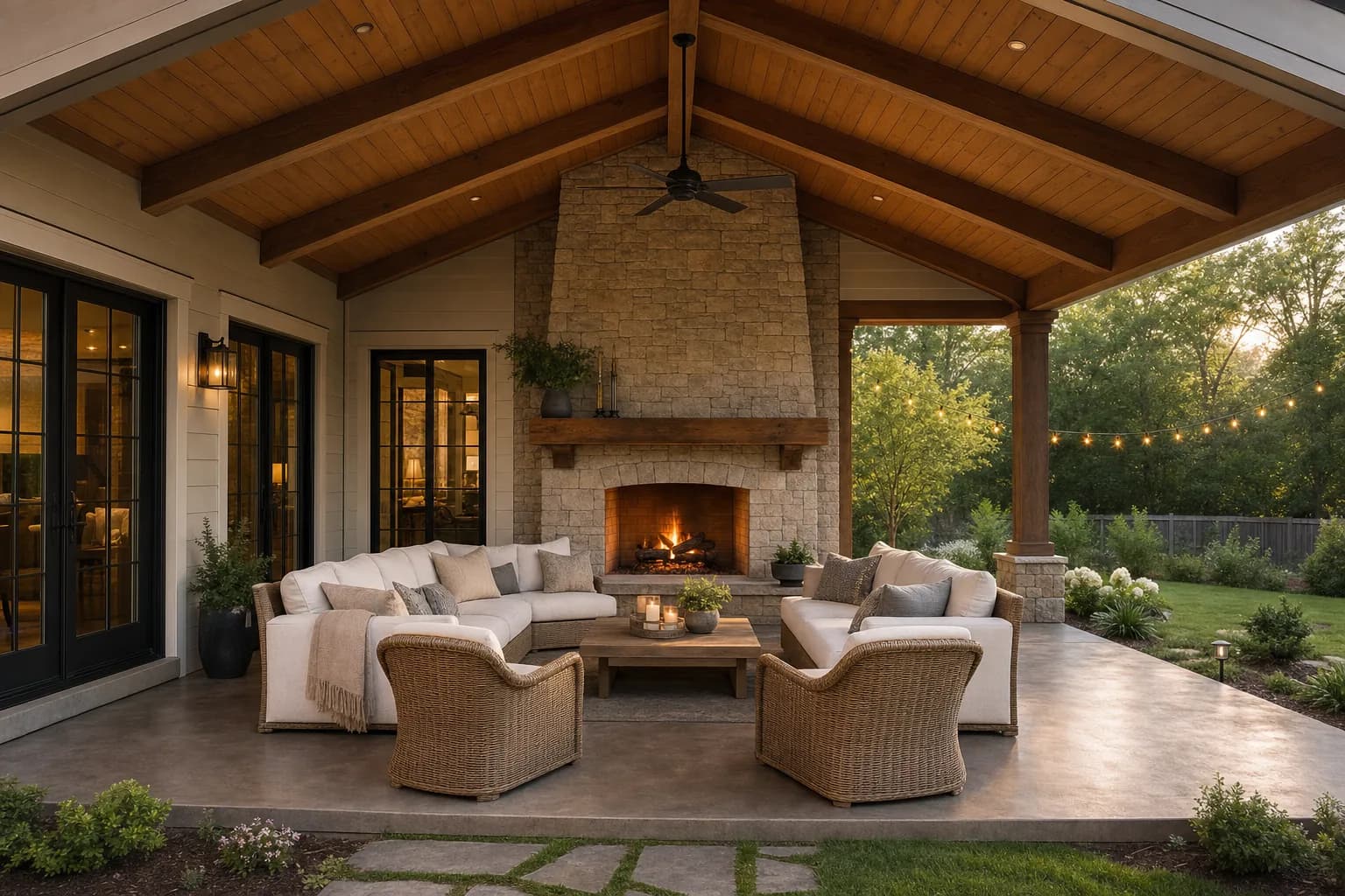 AI design concept: Covered patio & outdoor fireplace — main view