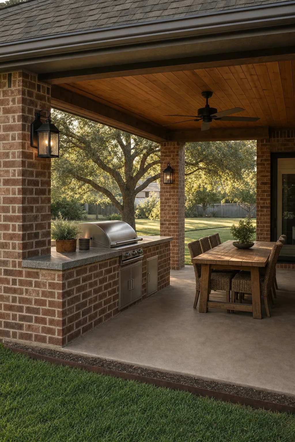 Concept visual: Brick-and-cedar covered patio with a built-in grill counter.