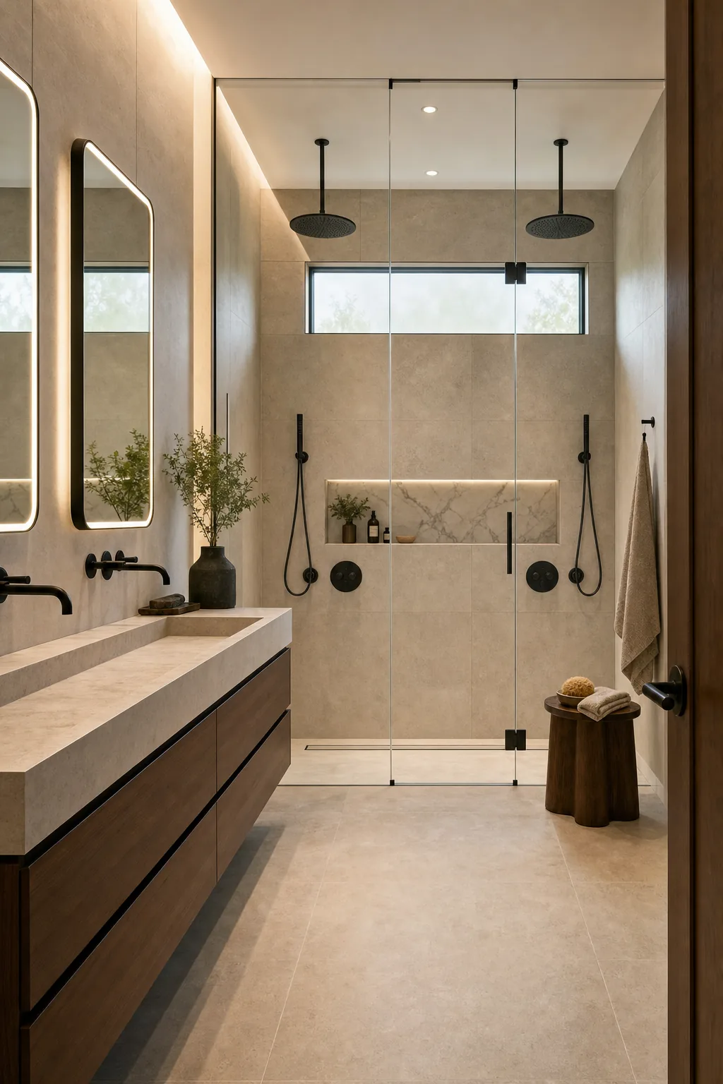 AI design concept: Frameless Double-Shower Primary Bath — main view