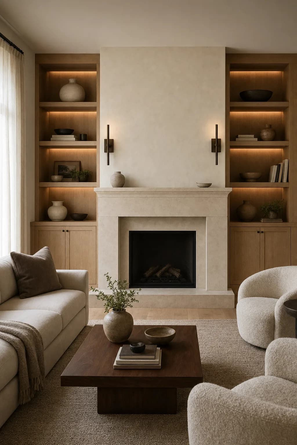 Concept visual: Limestone fireplace refresh with a plaster mantel and built-in shelving.
