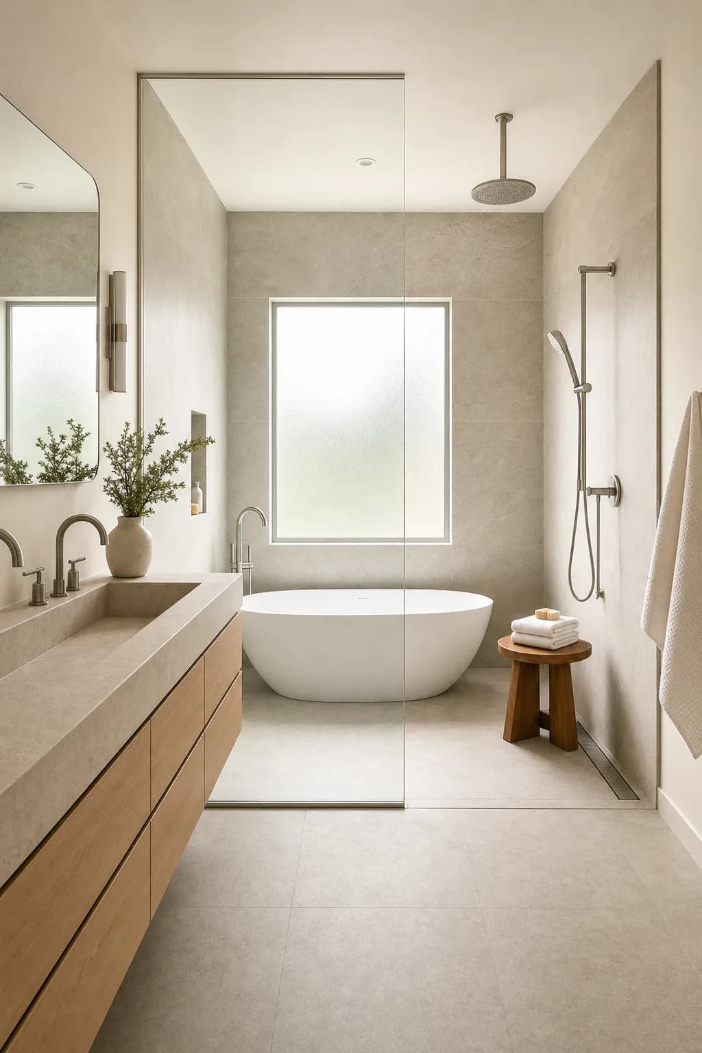 Concept visual: Modern wet room pairing a freestanding tub with a linear-drain shower.