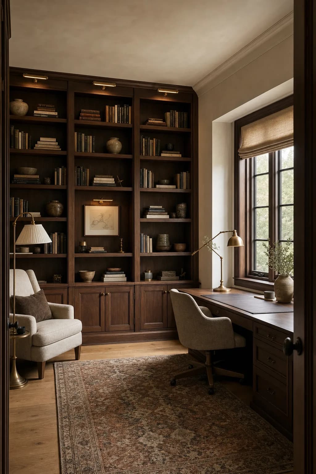 Concept visual: Warm home-office library with full-height shelving and a reading corner.