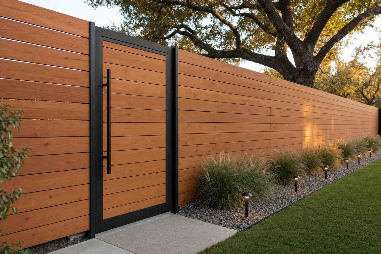 Concept visual: Modern horizontal cedar fence and gate with integrated edge lighting.