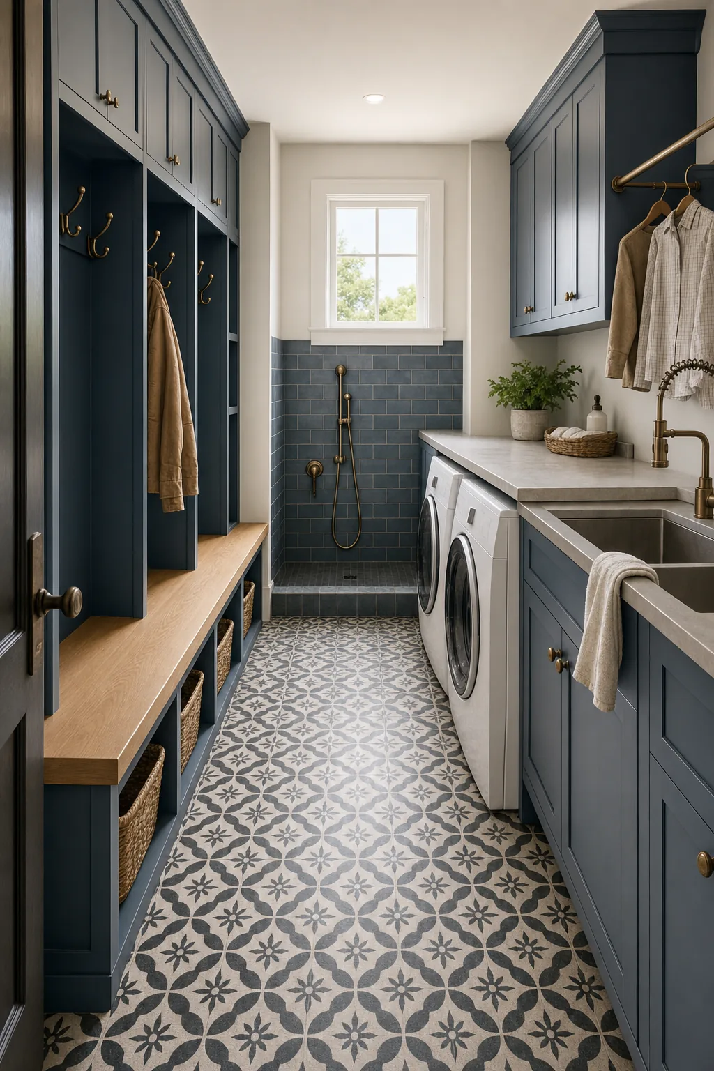 Concept visual: Hardworking laundry-mudroom with a dog-wash station and durable tile.