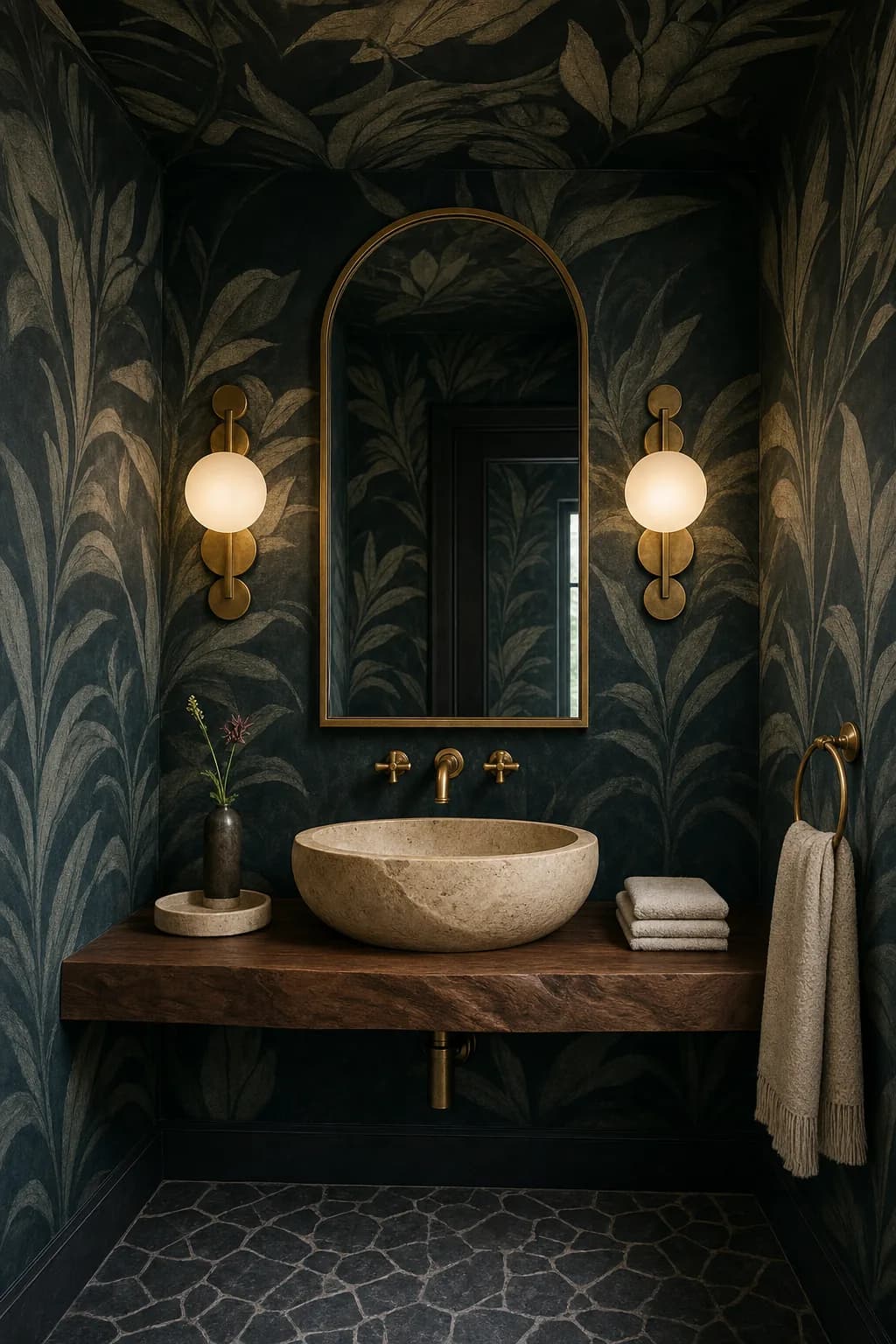 Concept visual: Moody jewel-box powder room with a vessel sink and statement wallpaper.