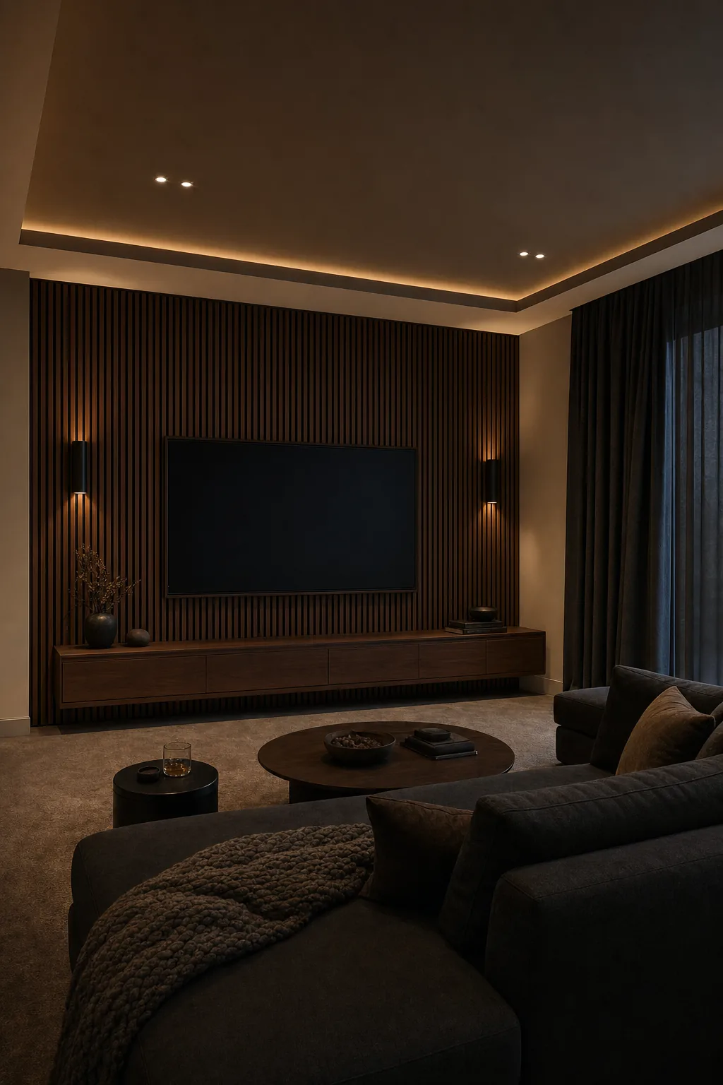 Concept visual: Acoustic media lounge with a slat wall and deep sectional seating.