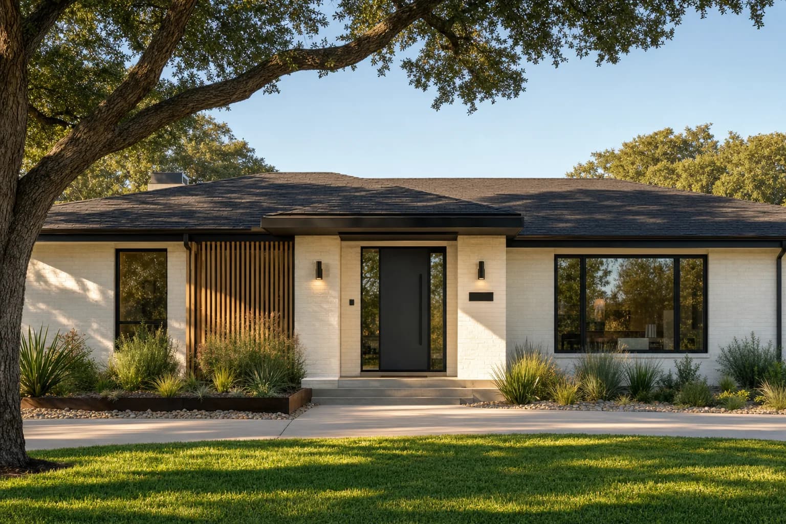 Concept visual: Painted-brick ranch with a refreshed entry walk and landscape beds.
