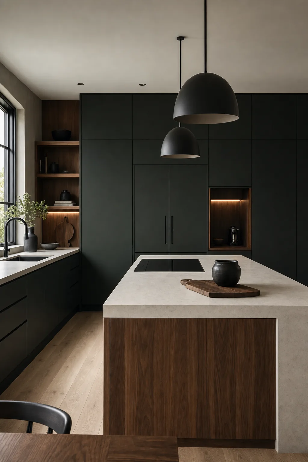 Concept visual: Moody modern kitchen with a waterfall island and full-height stone.