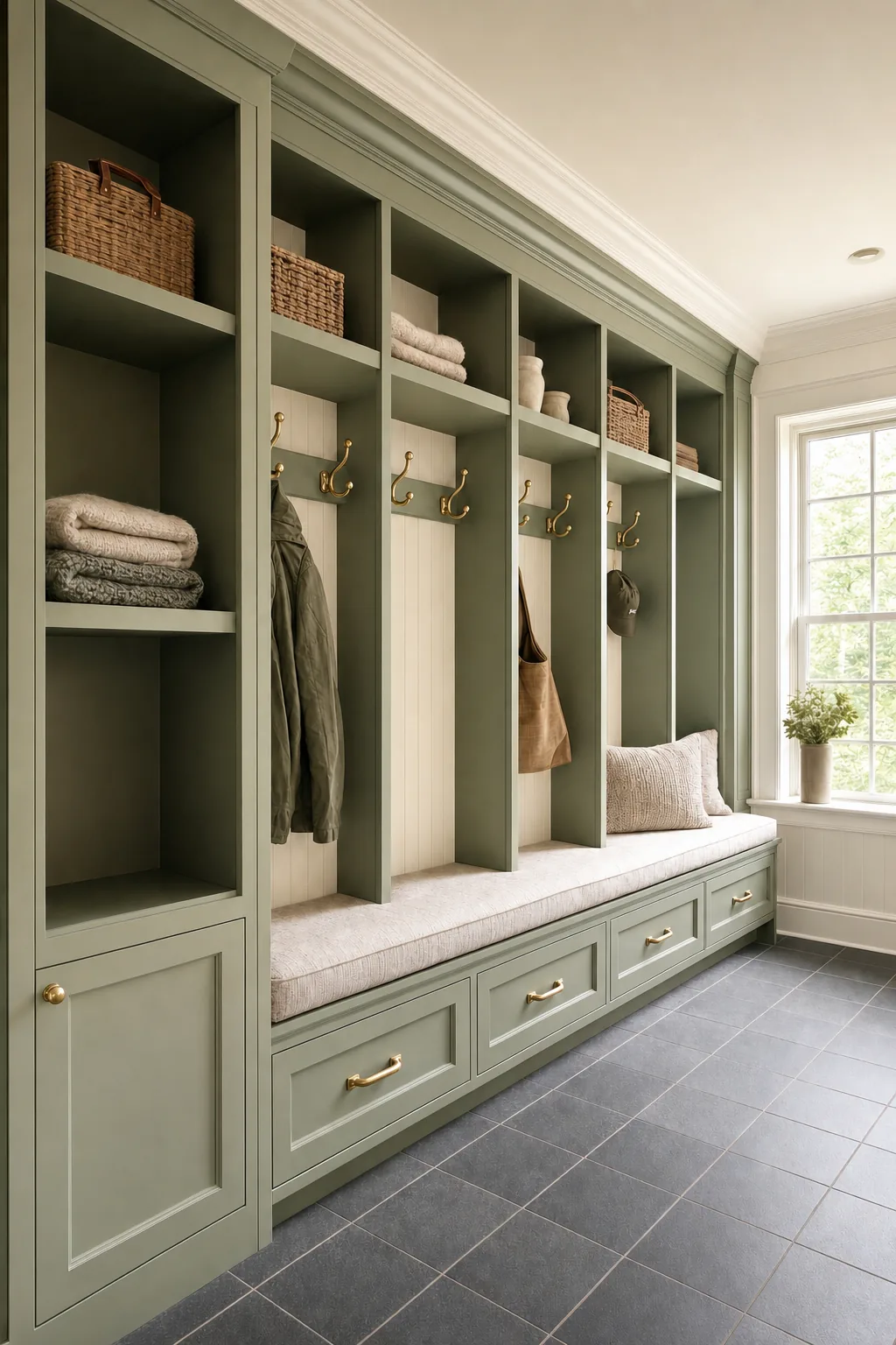 AI design concept: Mudroom lockers & drop-zone — view 2