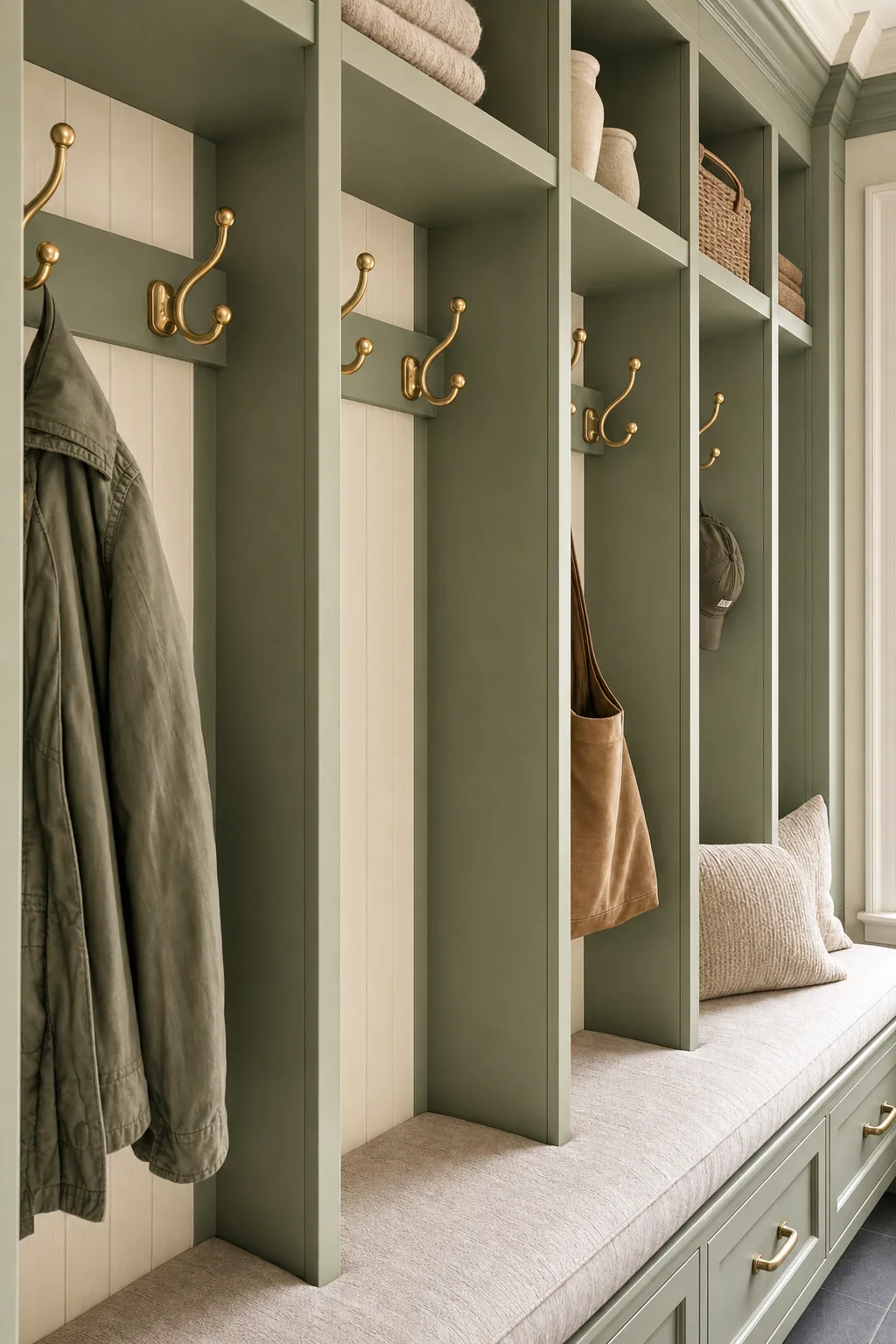 AI design concept: Mudroom lockers & drop-zone — view 3