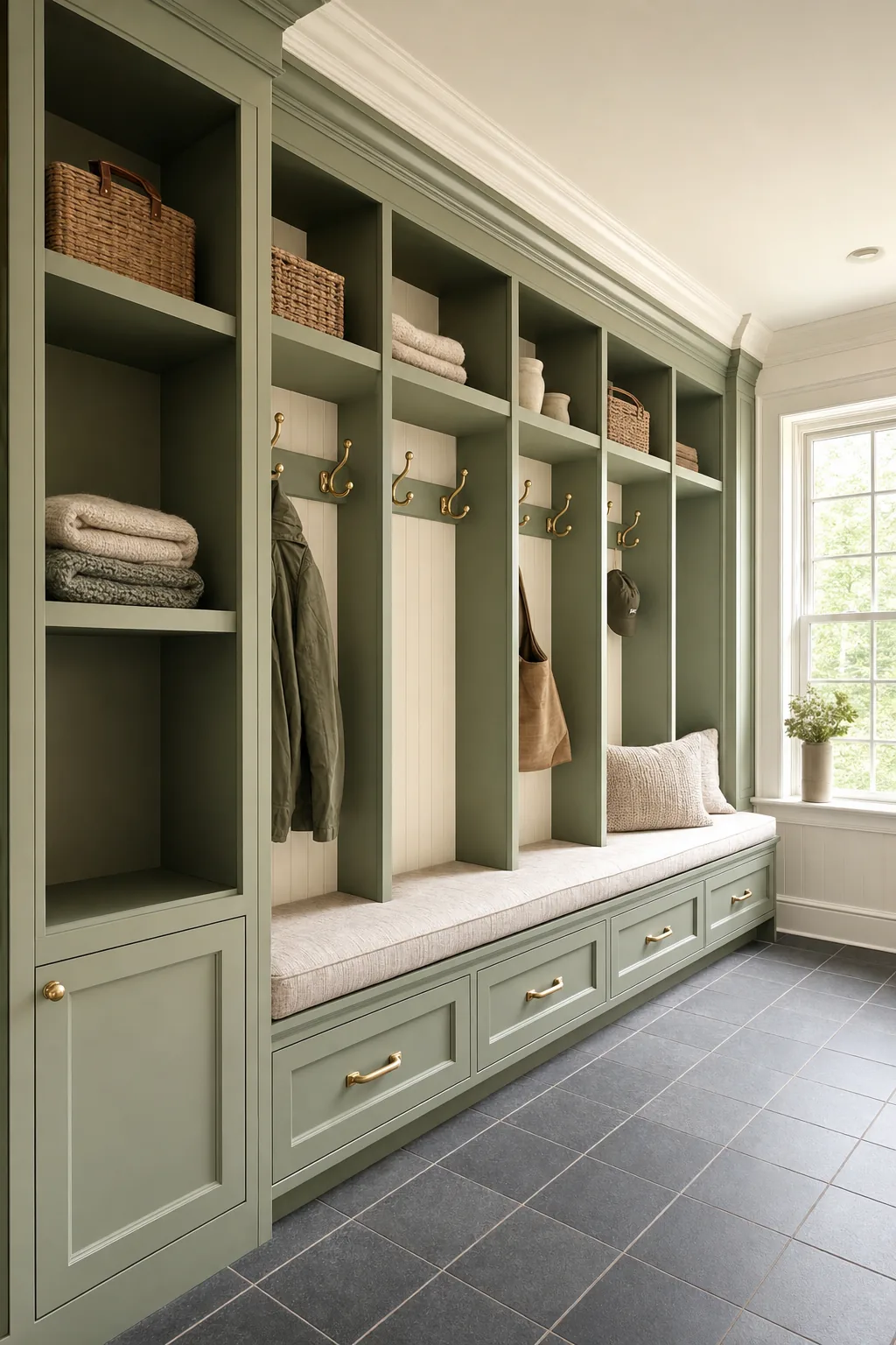 AI design concept: Mudroom lockers & drop-zone — main view