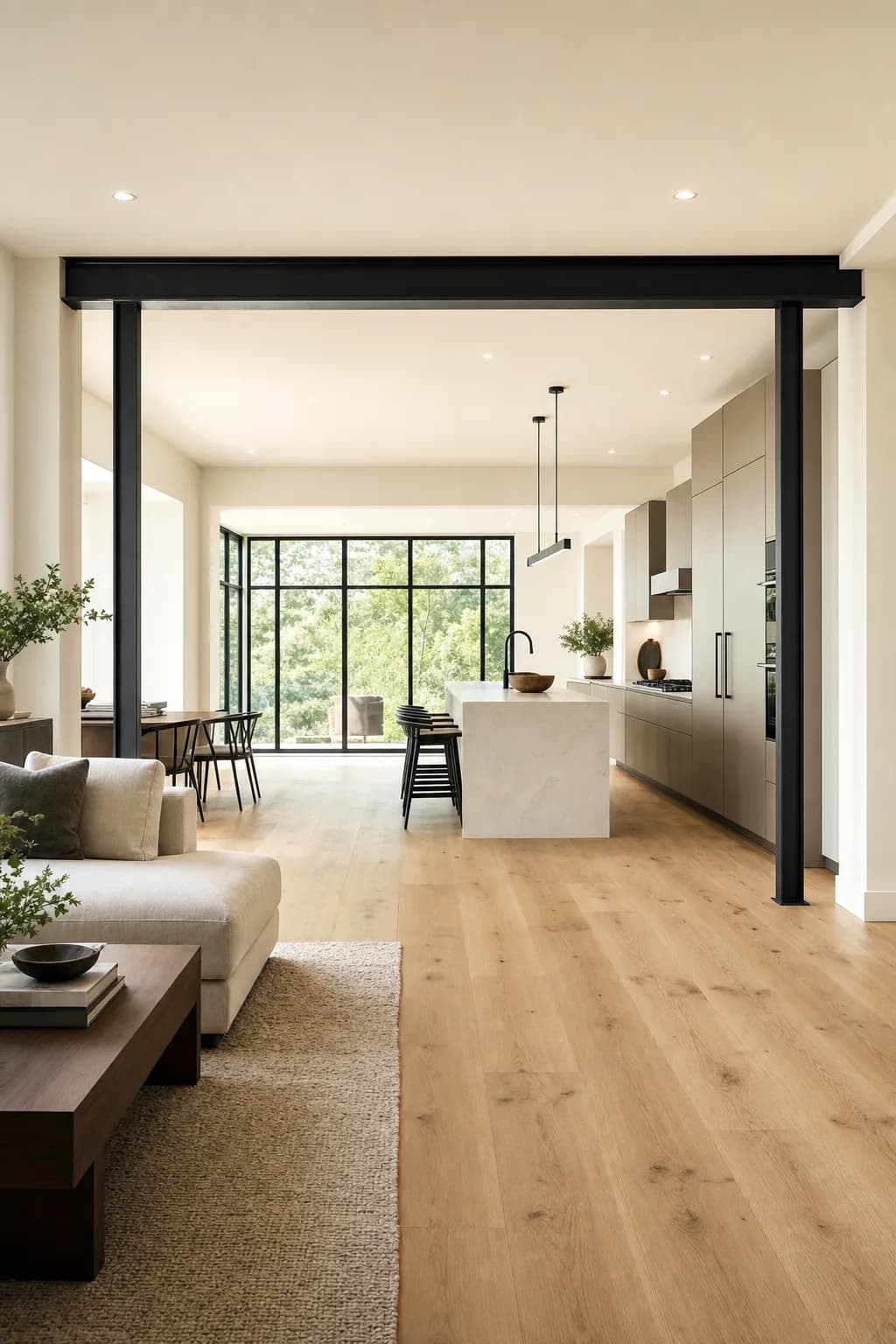 Concept visual: Load-bearing wall removed to join kitchen and living with a clean beam.