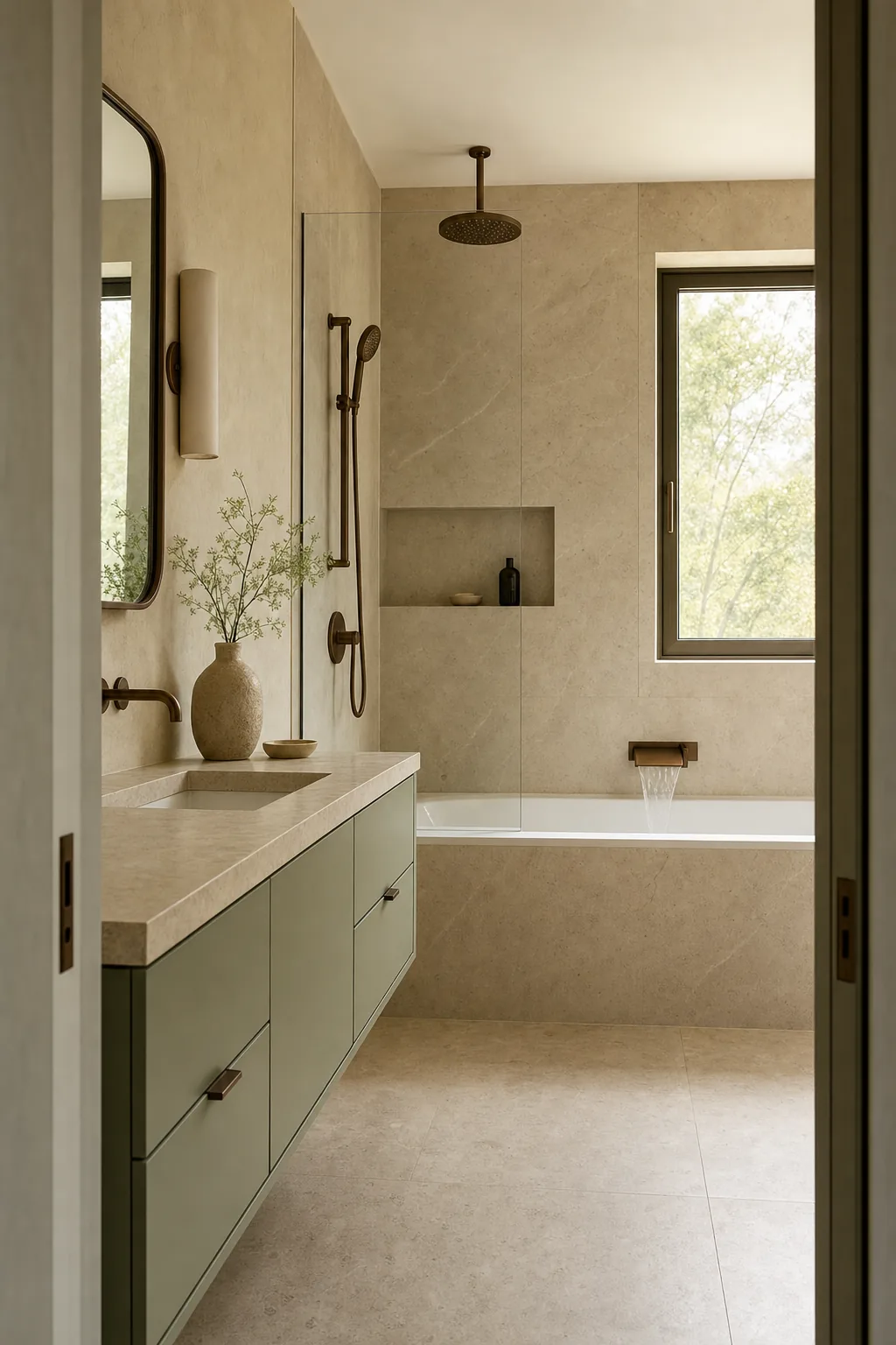 Concept visual: Organic modern primary bath with warm stone and matte fixtures.