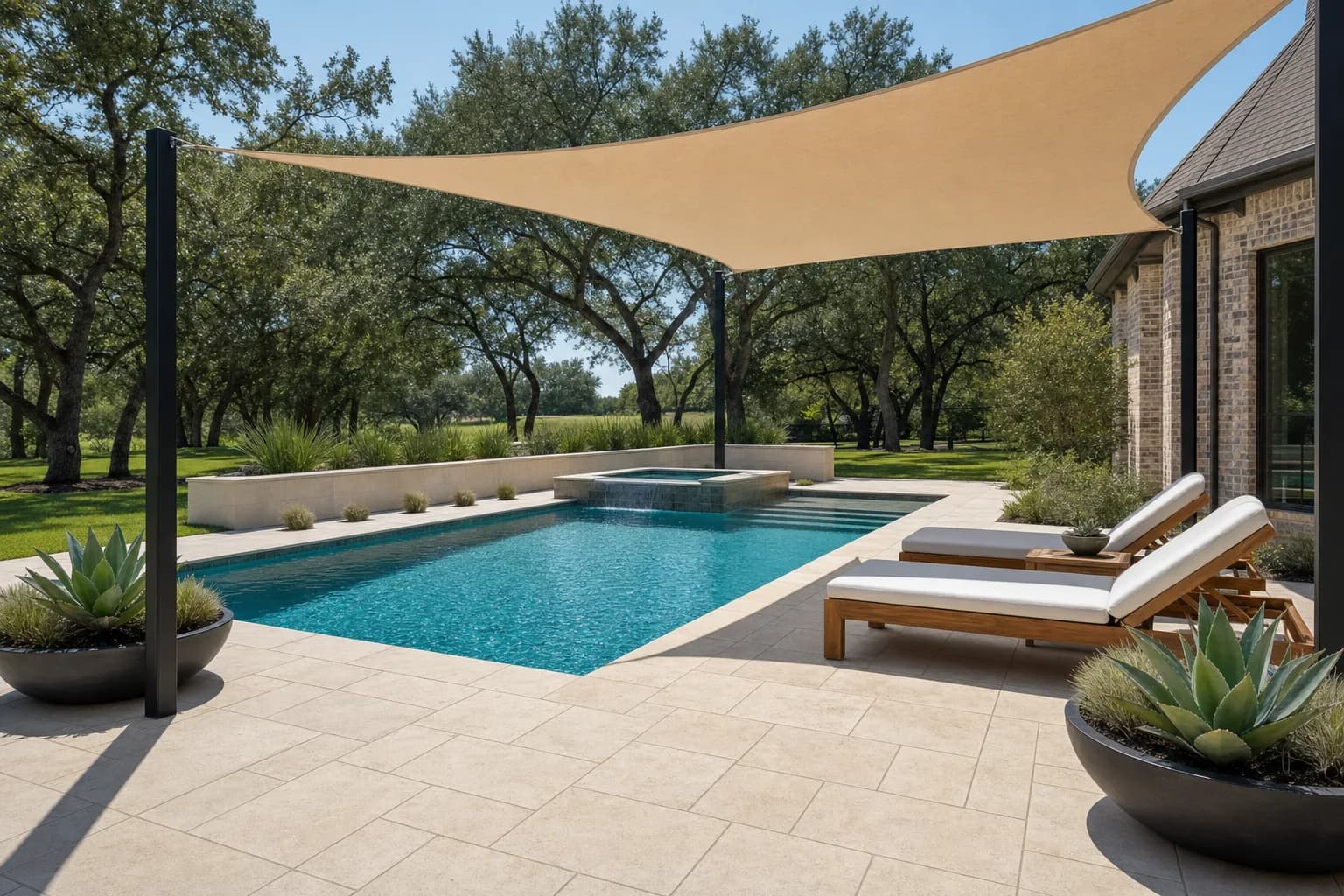 Concept visual: Resort-style travertine pool surround with a spa corner and loungers.