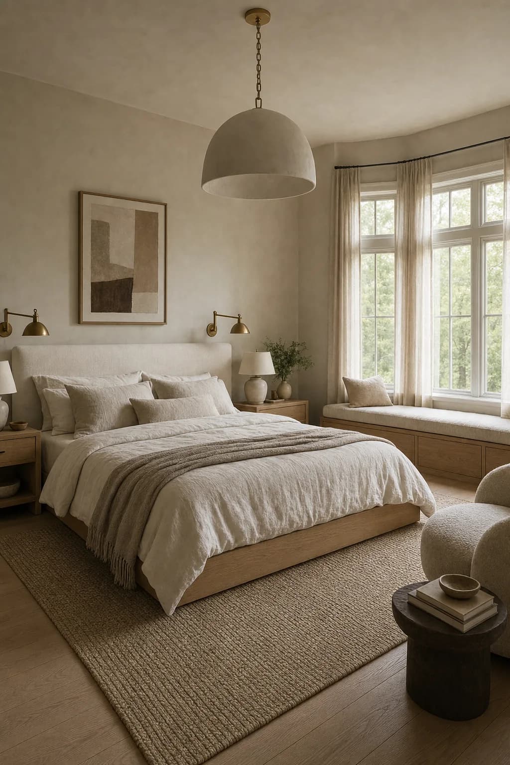 Concept visual: Layered neutral primary suite with a window seat and plaster-oak detailing.