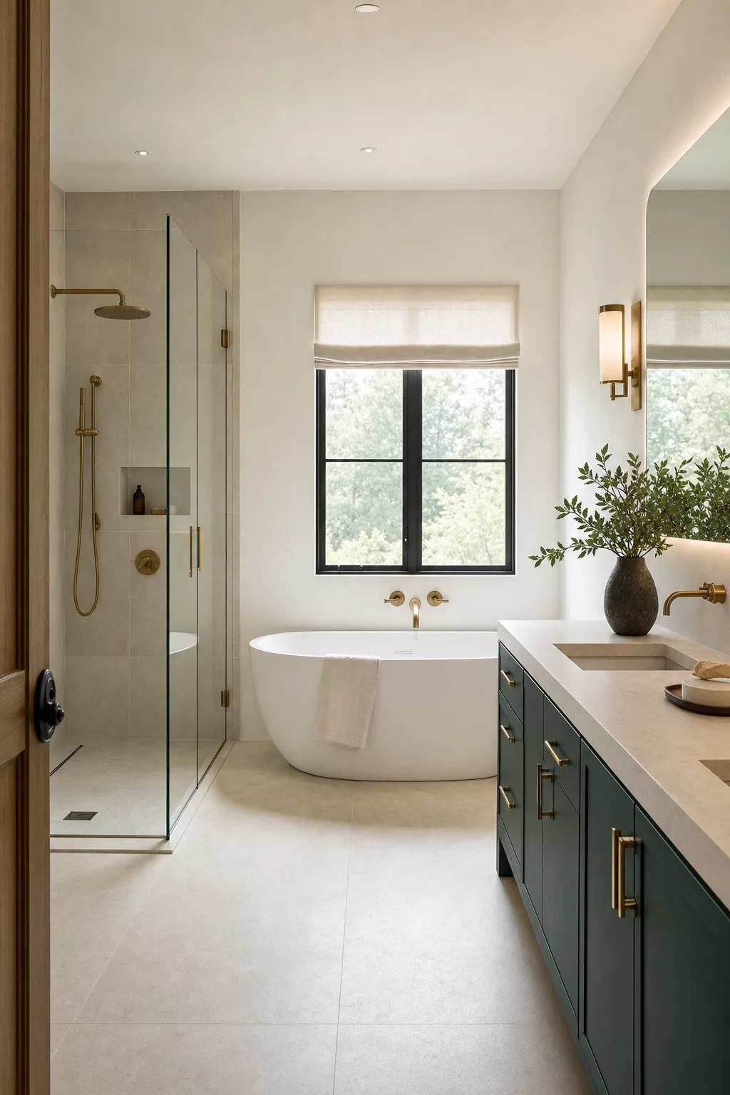 Concept visual: Warm brass spa primary bath with a walk-in shower and floating vanity.