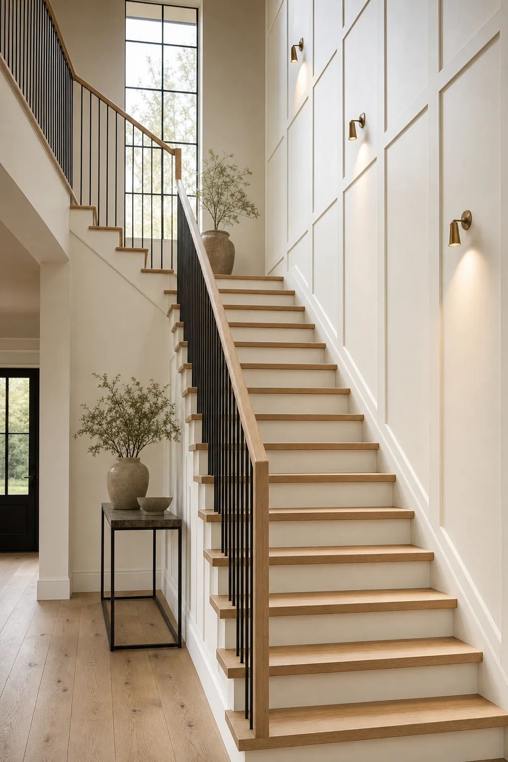 Concept visual: Staircase remake with new treads, balusters, and wall paneling.