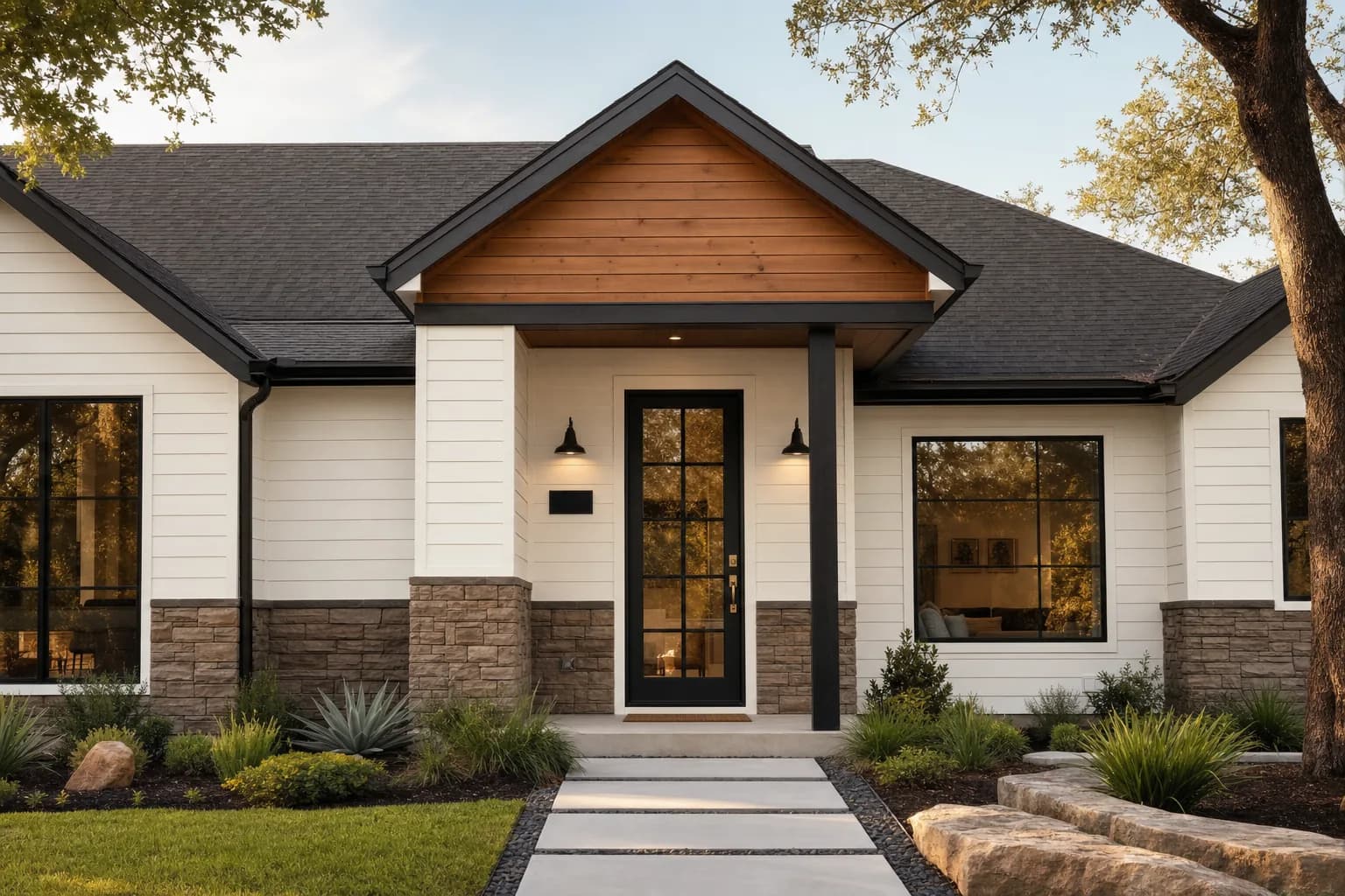 Concept visual: Fiber-cement, cedar, and brick exterior refresh for a Texas facade.