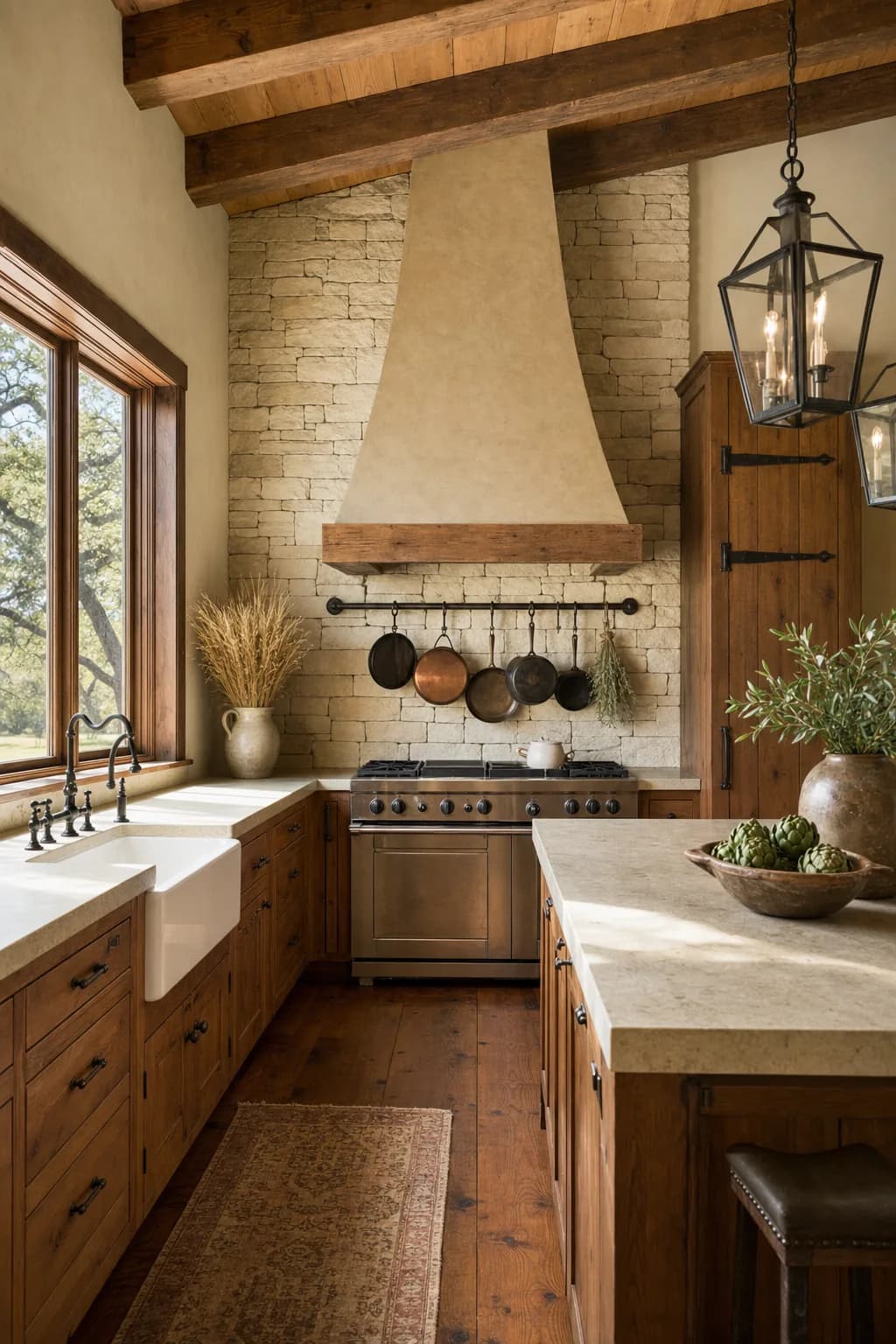 Concept visual: Hill Country kitchen with a limestone hood and warm alder cabinetry.