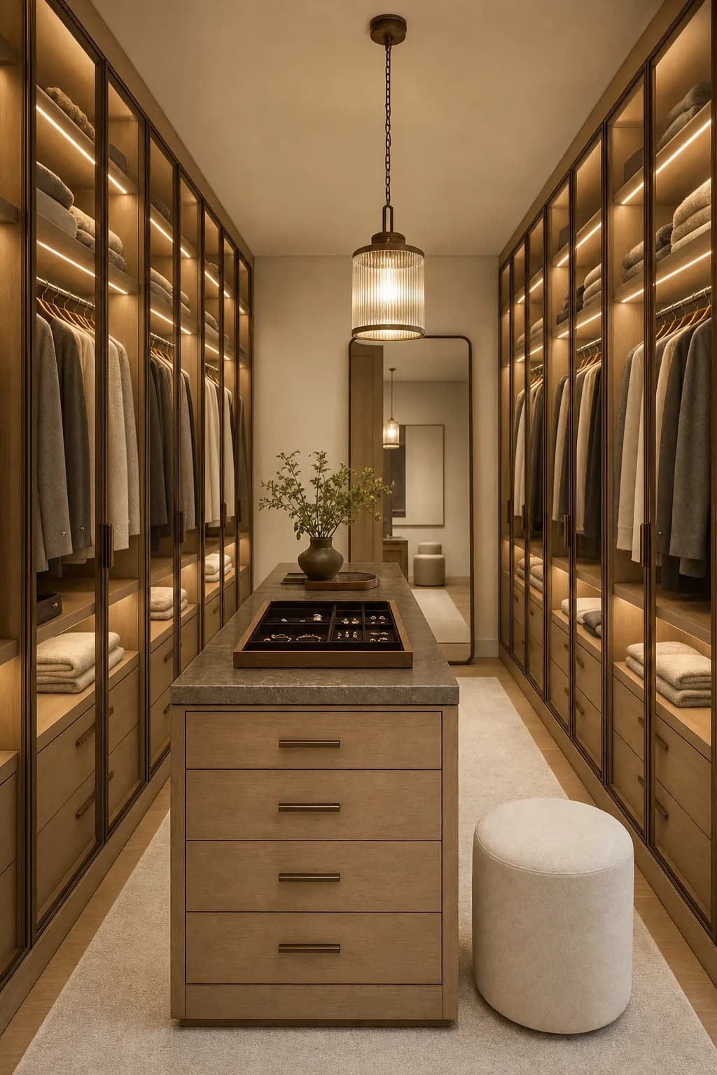 Concept visual: Boutique walk-in closet with an island, LED reveals, and a mirrored end.