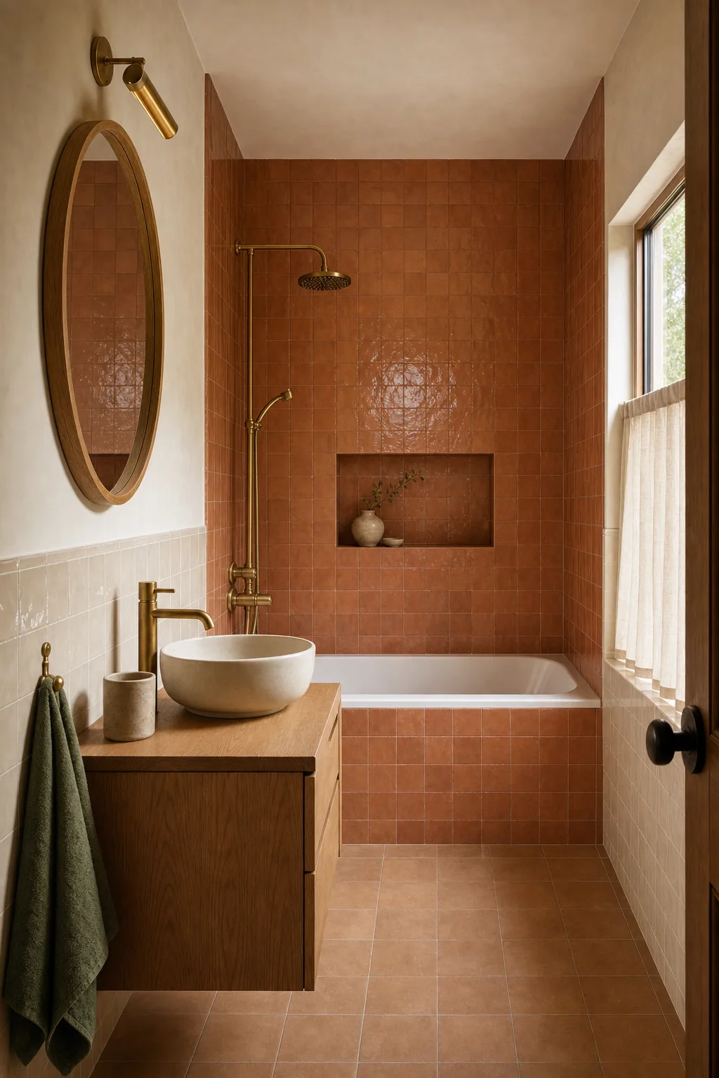 AI design concept: Warm Minimal Guest Bath — view 2