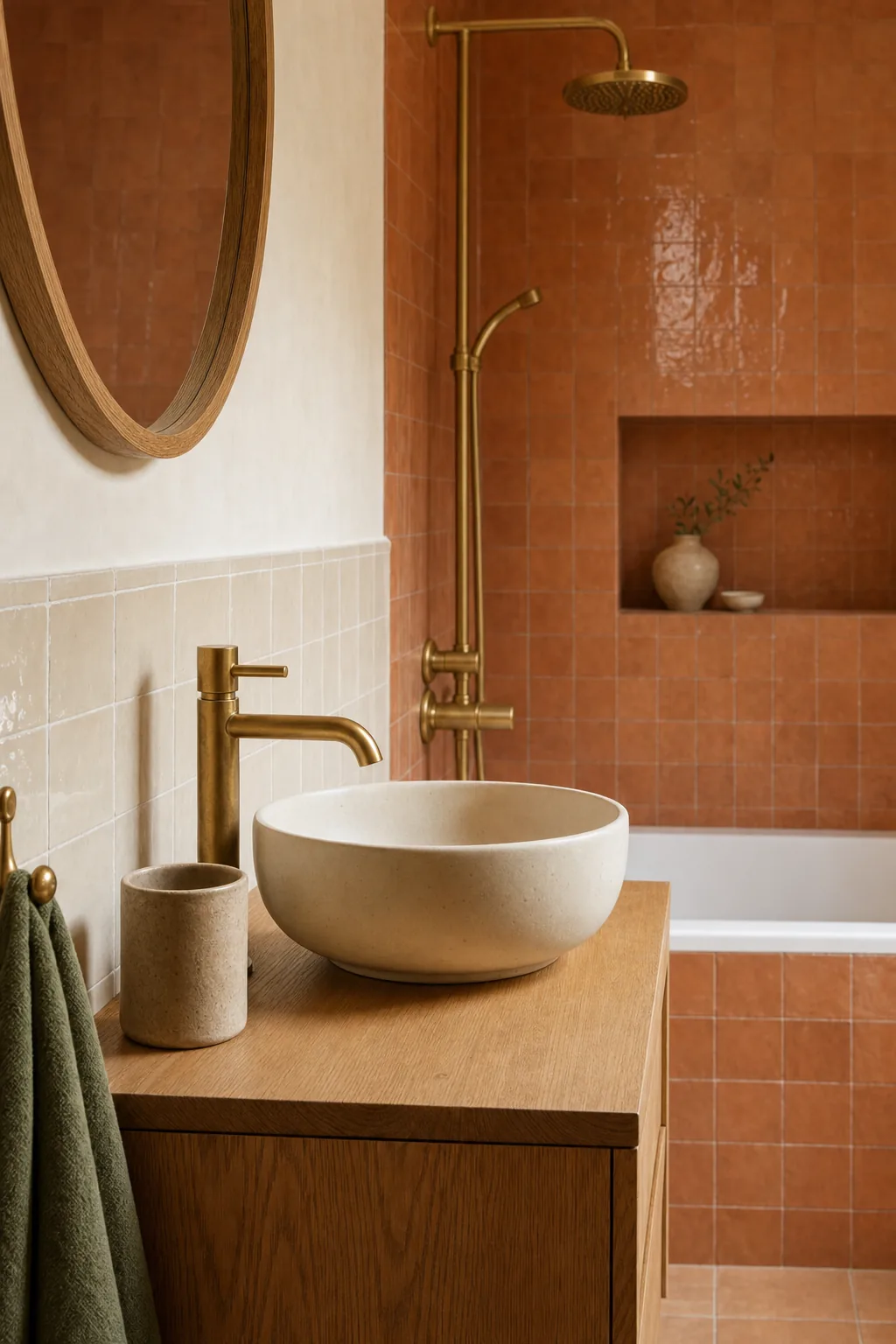 AI design concept: Warm Minimal Guest Bath — view 4