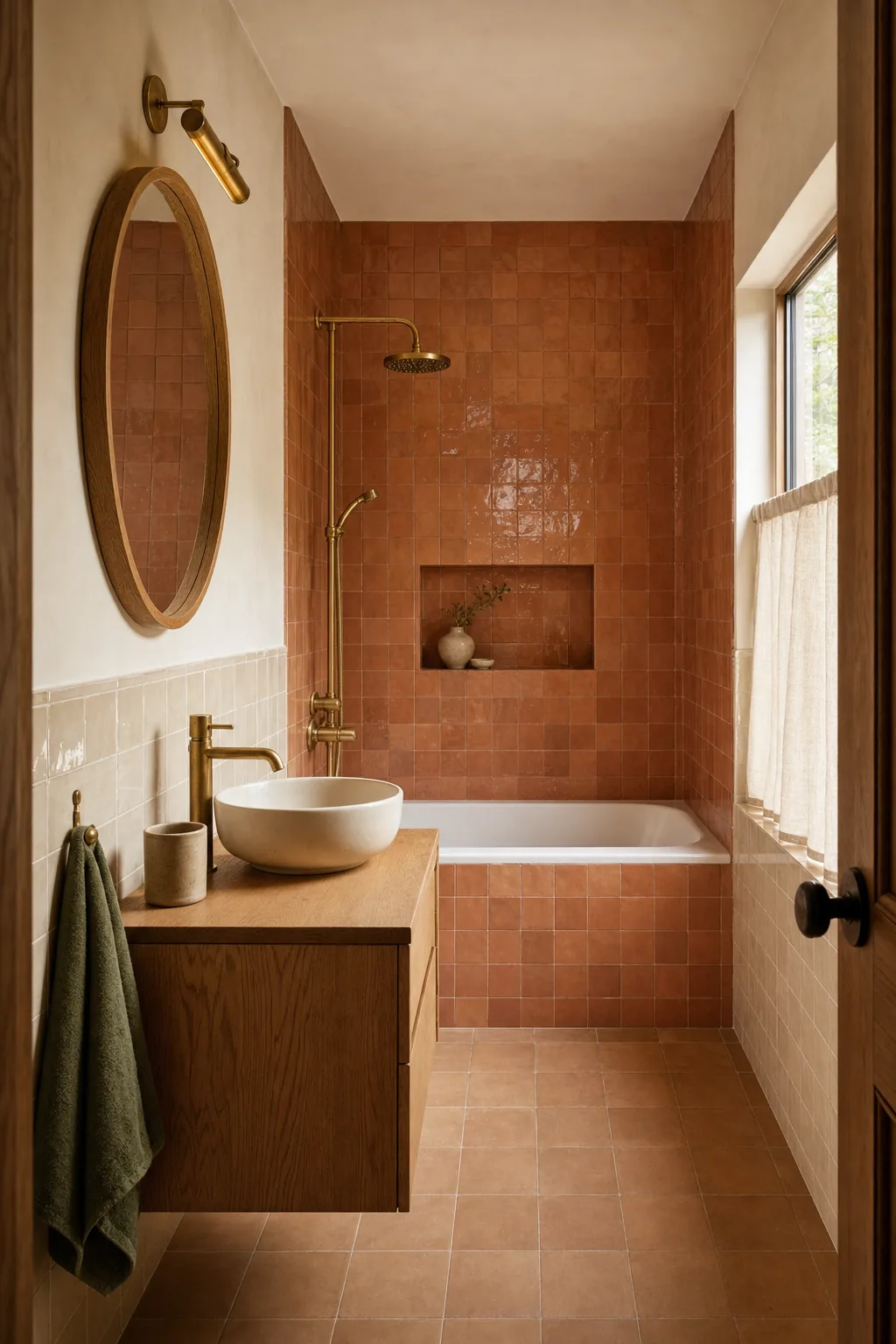 Concept visual: Warm minimal guest bath centered on a zellige-tiled tub alcove.