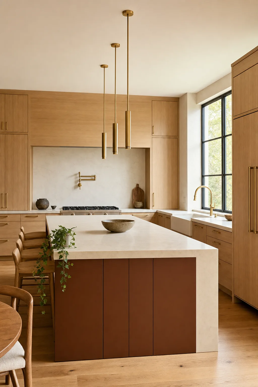 Concept visual: Warm transitional open kitchen built around a generous working island.