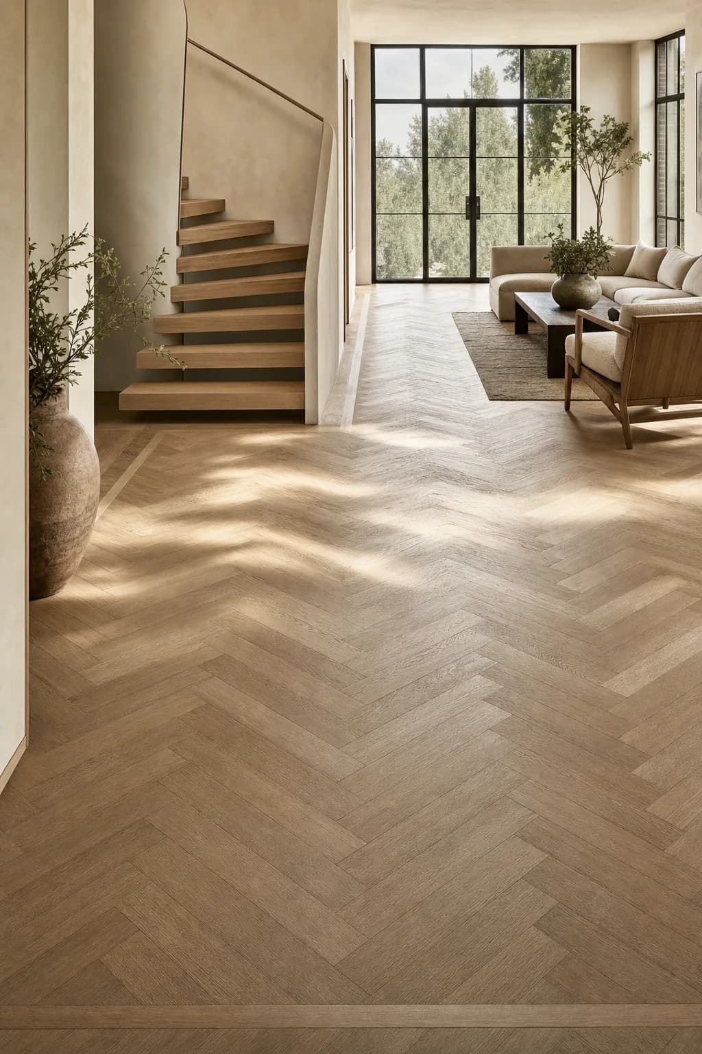 AI design concept: White-Oak Herringbone Floor — main view