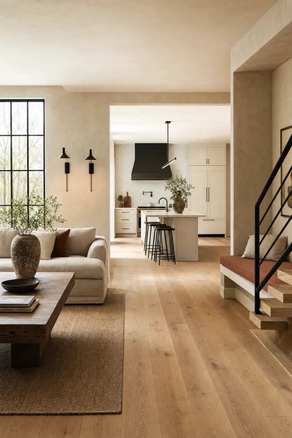 Concept visual: Wide-plank oak and limewashed walls unifying the whole home.