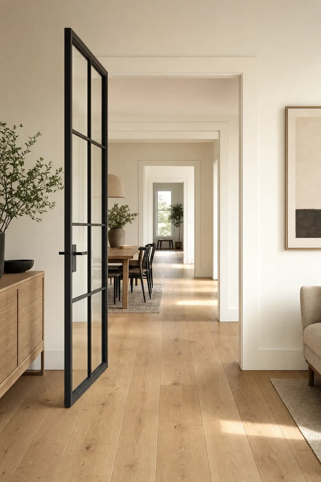 Concept visual: Continuous white-oak wide-plank flooring carried room to room.