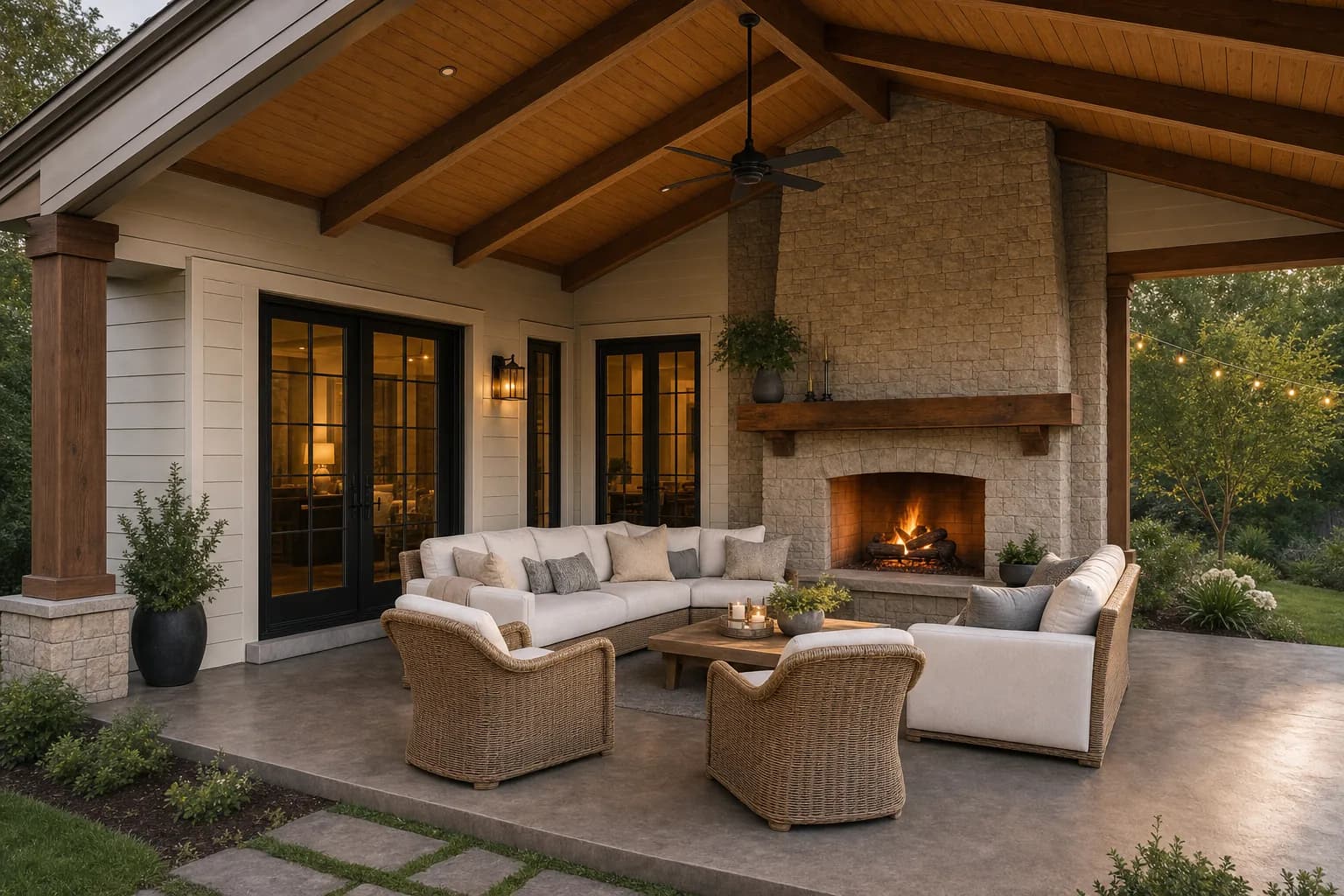 AI design concept: Covered patio & outdoor fireplace — view 2