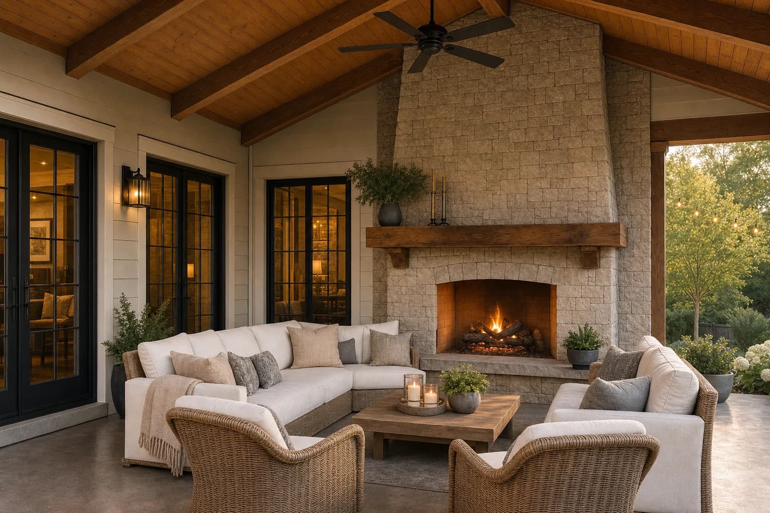 AI design concept: Covered patio & outdoor fireplace — view 3