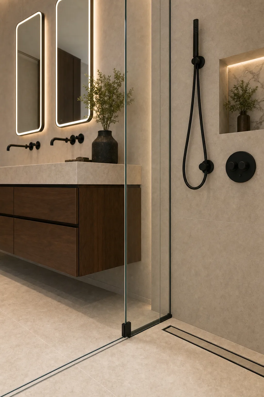 AI design concept: Frameless Double-Shower Primary Bath — view 4