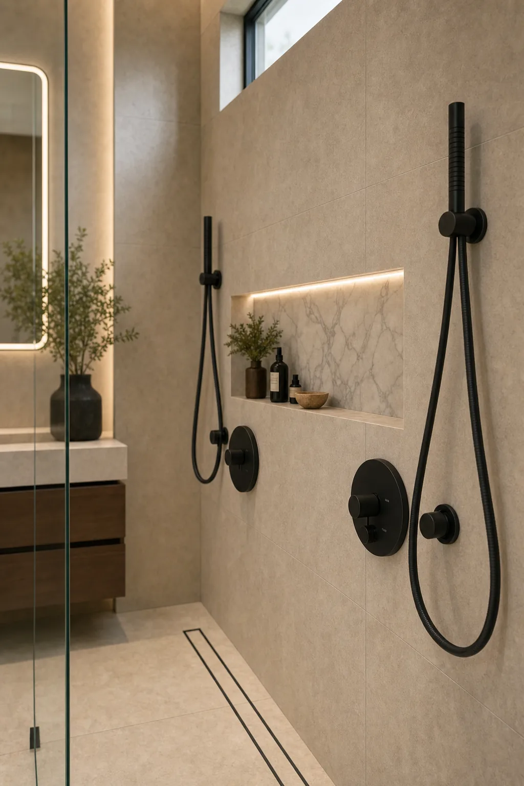AI design concept: Frameless Double-Shower Primary Bath — view 3